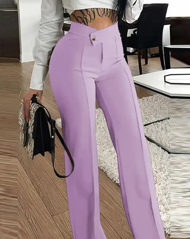 Hot selling women's fashionable and elegant pants for spring/summer 2024, button up high waisted solid color straight leg pants