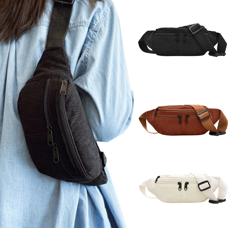 

Daily Wear Retro Corduroy Crossbody Bag Fashion Multi-compartment Waist Pack, Spacious Pocket for Phone Small Essentials