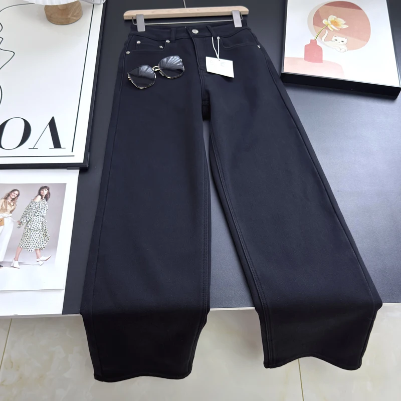 

Прямые джинсы с высокой талией на подкладке длиной до пола, широкие брюки, мягкие джинсовые брюки для женщин, зимняя коллекция