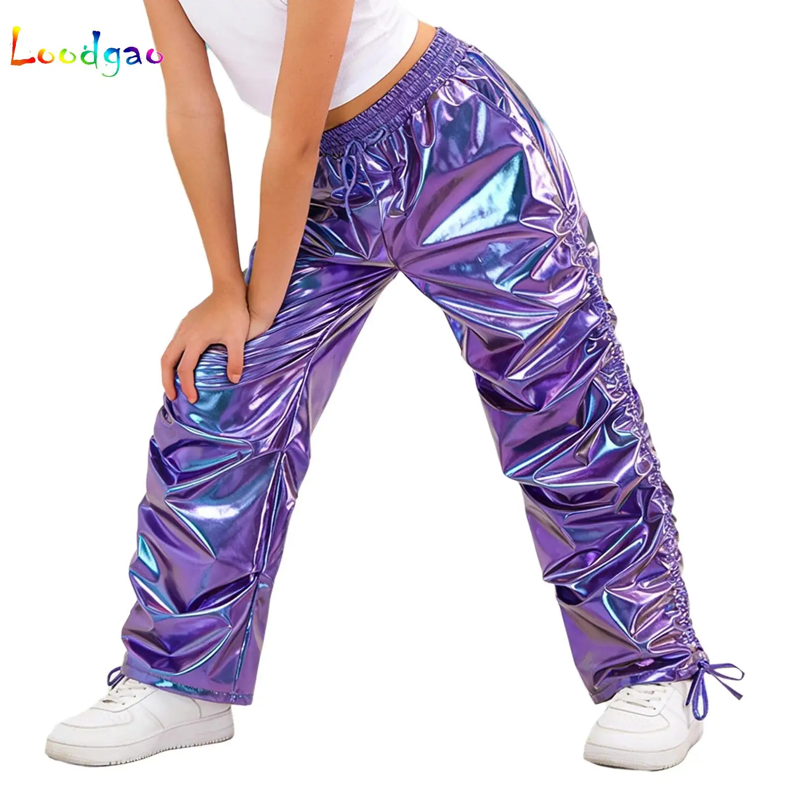 

Children Metallic Hip-Hop Jazz Dance Pants Elastic Waistband Ruched Straight-leg Trousers Stage Performance Dancewear Streetwear