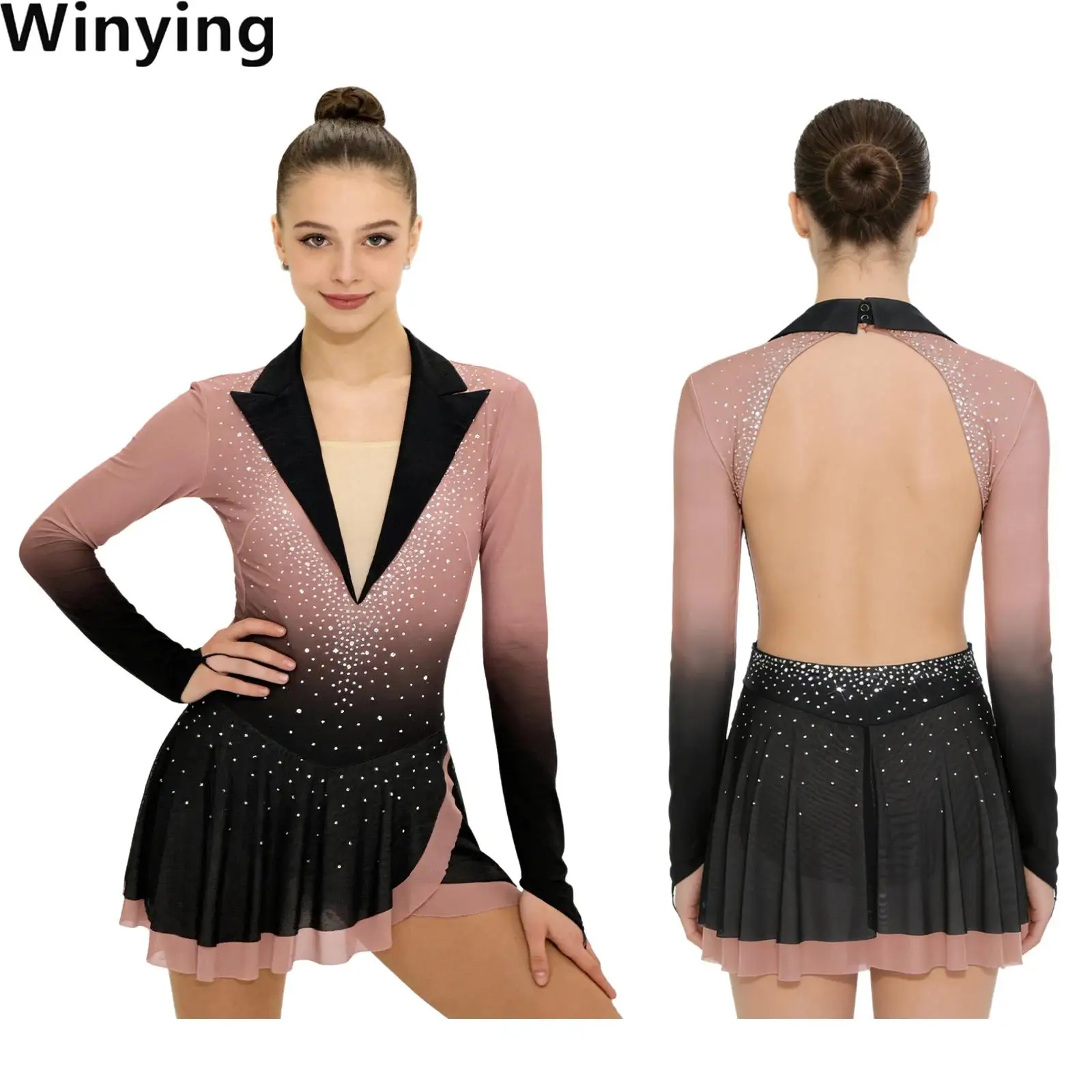 

Women Figure Skating Lyrical Dance Dress Performance Costume Modern Ballet Dancewear Long Sleeve Backless Leotards Mesh Skirted