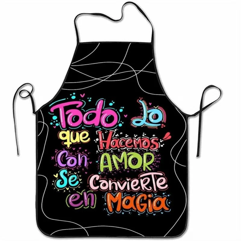 1pc 2D Flat Unisex Chef Apron, Black Background Inspirational Spanish Heart Graffiti Print for Baking, BBQ & Daily Housework