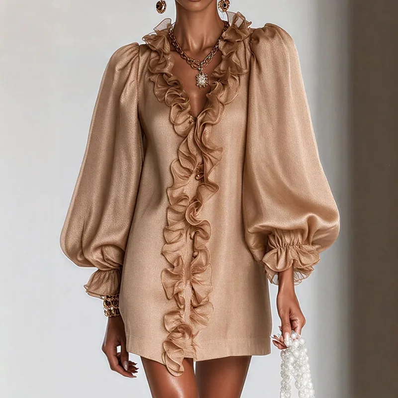 Greenora Elegant V‑Neck Ruffle Trim Mini Dress Women Solid Lantern Long Sleeve Button Fit Dress Party Evening Vacation Casual Sh