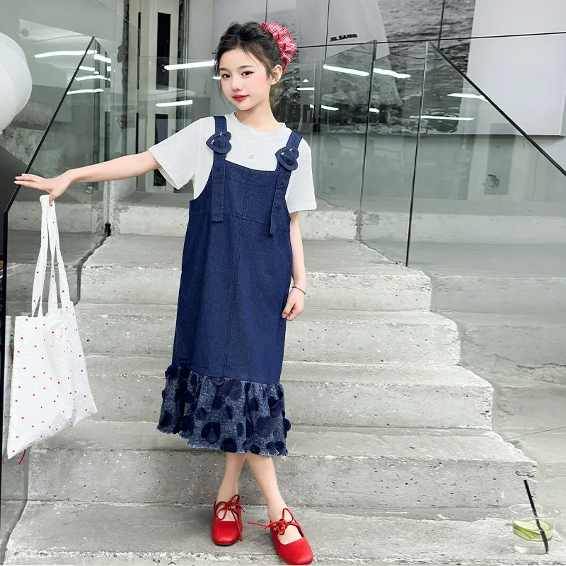 Girls' Denim Dress Set2026Summer new style Korean-style heart-patterned skirt with patchwork and short sleeves for older childre