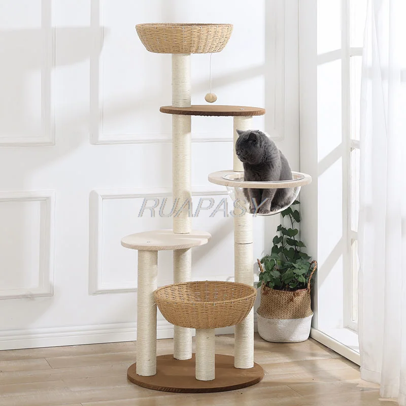 Multi-Level Rattan Cat Climbing Shelf Cat Tree Villa Post Condo Cat Tree Shelf Scratching Post Jumping Platform Perch Nest Tower