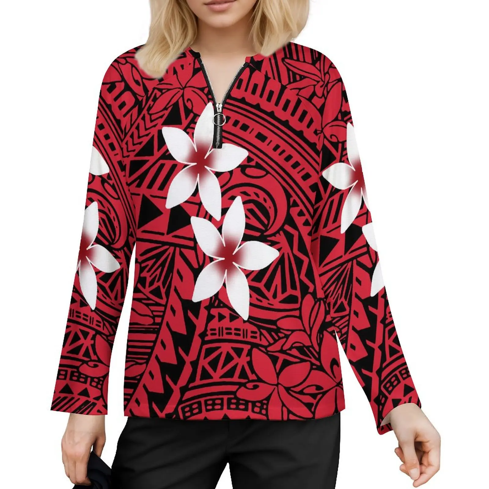 Custom Samoan Polynesian Tribal Print woman Casual Long-Sleeved Summer Daily Casual T-Shirt Half Zipper T Shirts S-2XL