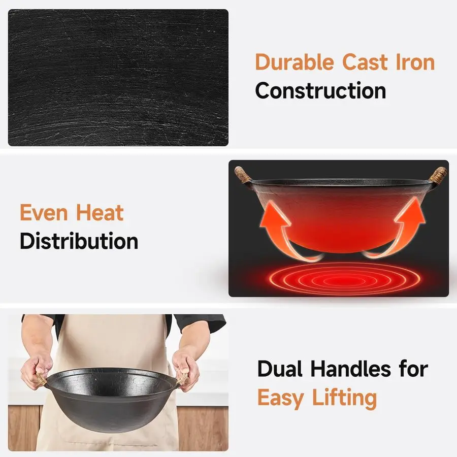 

11,8-дюймовый чугунный вок ручной работы с двумя ручками, маленький китайский вок с круглым дном для 12 сервизов, сковорода без покрытия для газа