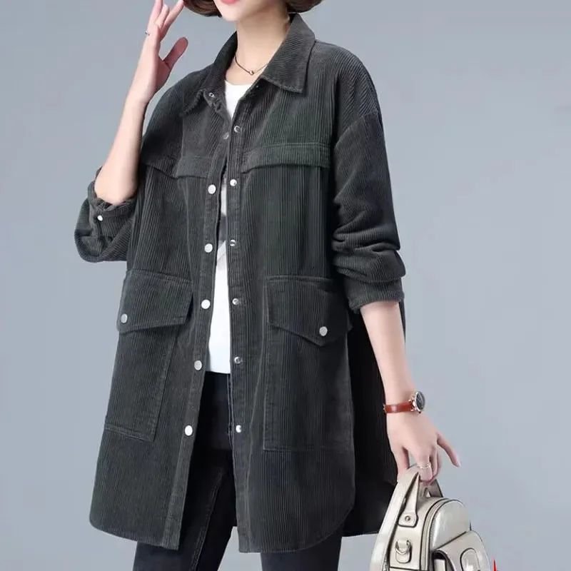 

2025 Women Casual Corduroy Tops Outwear Korean Lady Fashion Large Size 5XL Shirt Jacket Autumn Female Medium Length Blouse Coat