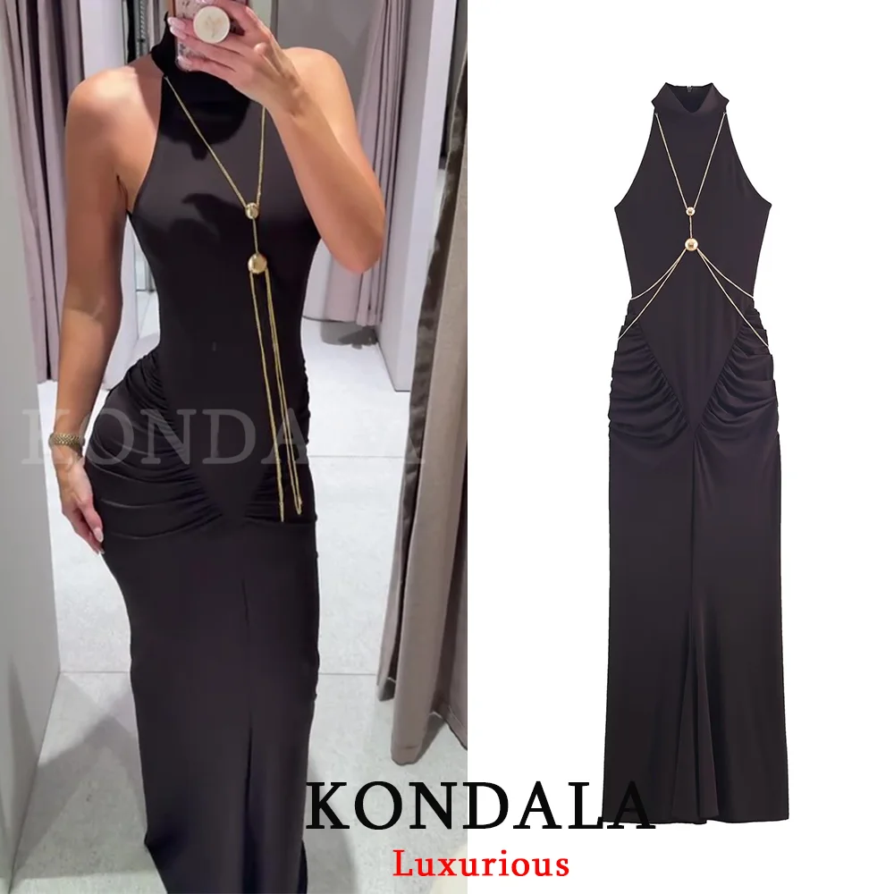 KONDALA Sexy Chic Schokoladenbraun Mantel Langes Kleid Frauen Neckholder Ärmelloses Partykleid Mode 2025, Abend-Clubkleid