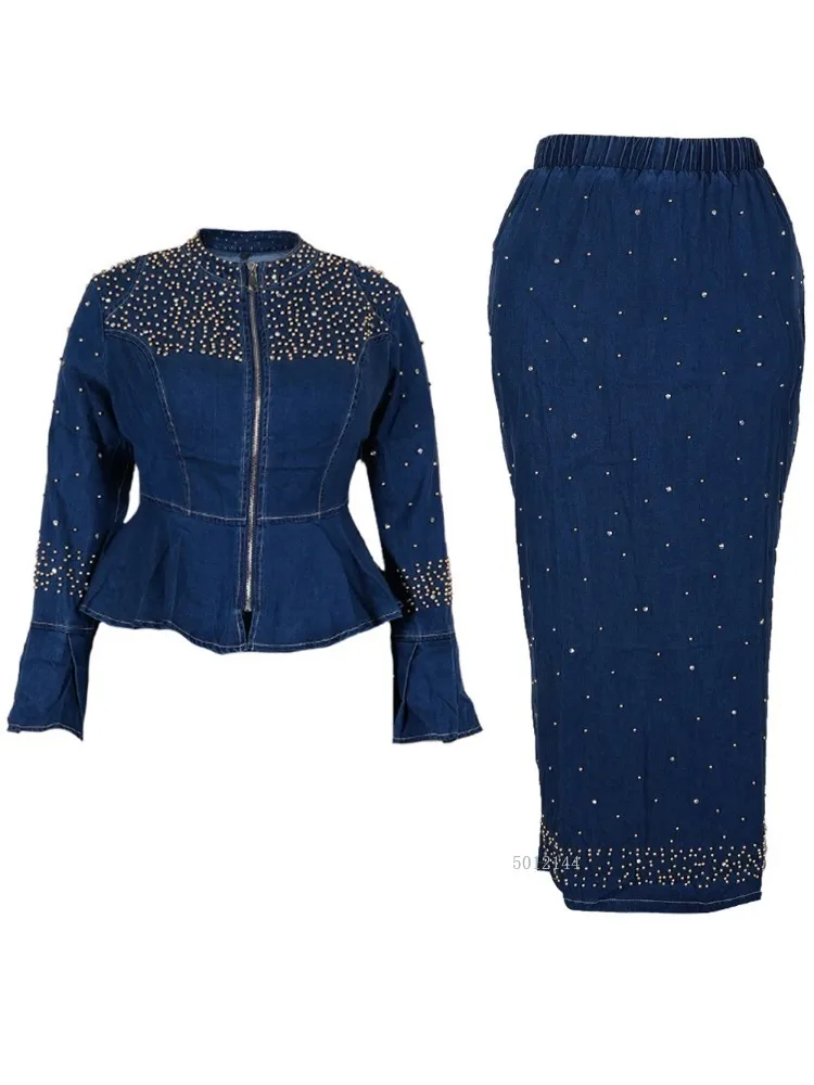 

Luxury Crystal Dresses For Women Elegant 2 Piece Set Denim Outfit Peplum Top And Bodycon Maxi Skirt Suit African Dashiki Clothes