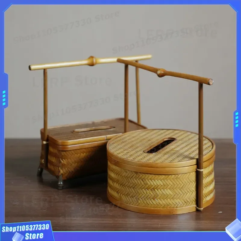 Handmade Bamboo Knitted Tissue Box with Purple Handle for Home and Hotel Decor Natural Wood Storage Organizer Furnishing