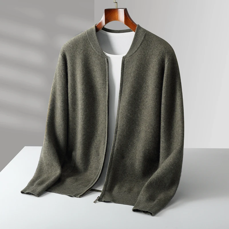 Autumn And Winter New Men's 100% Pure Wool Knitted Cardigan Stand Collar Leisure Padded Coat Sweater Cashmere Coat