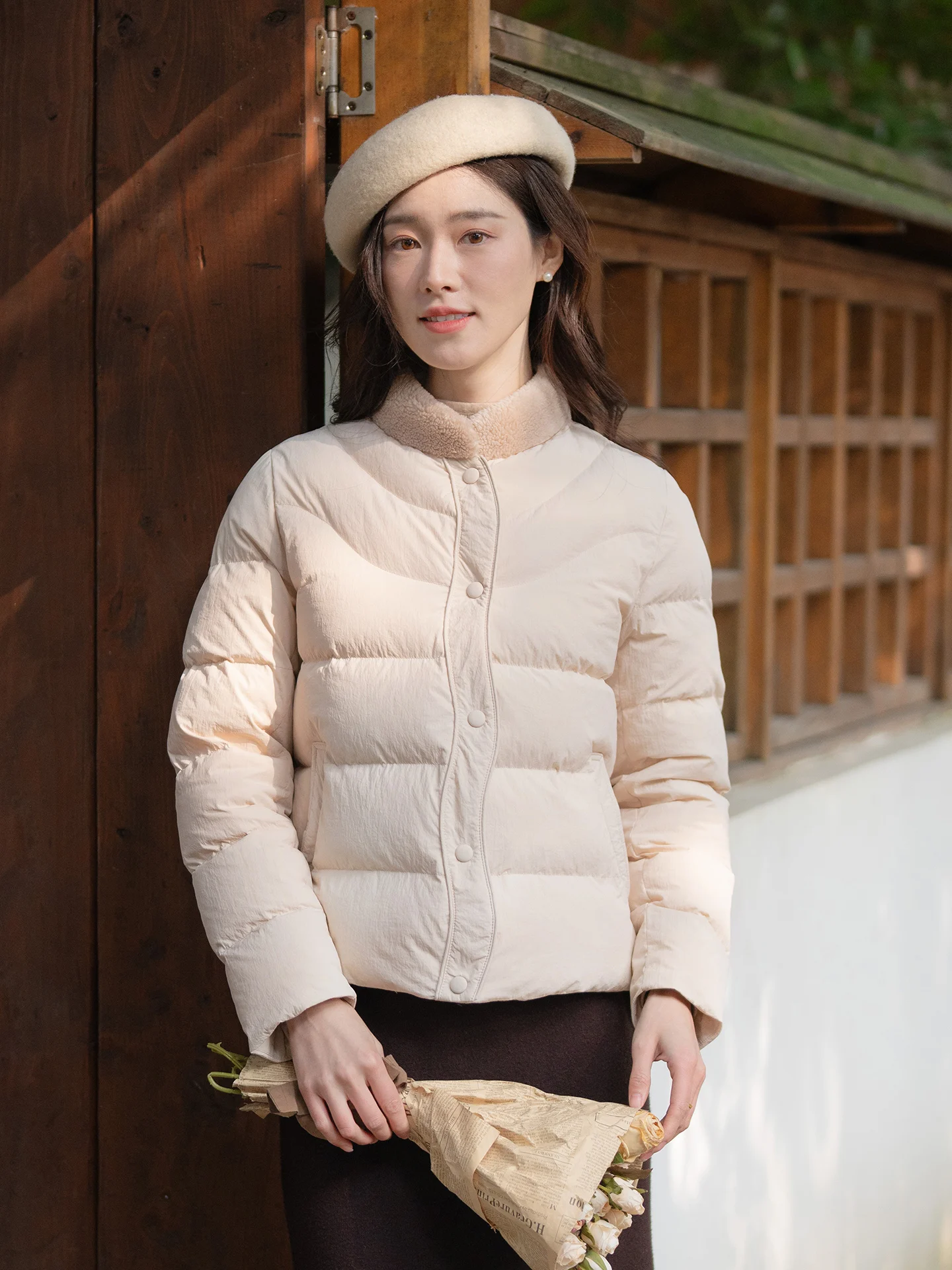 

Thiened Pink Stand Collar down Cotton Jaet Women's Commute ort Outerwear Warm Artistic Sle Pure Color Long Sve