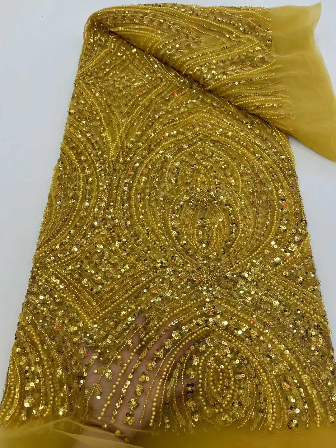 

Новая золотая африканская кружевная ткань с блестками, 2025 г., высокое качество, французский тюль, кружевная нигерийская сетка с бисером, кружевная ткань для женских вечерних платьев