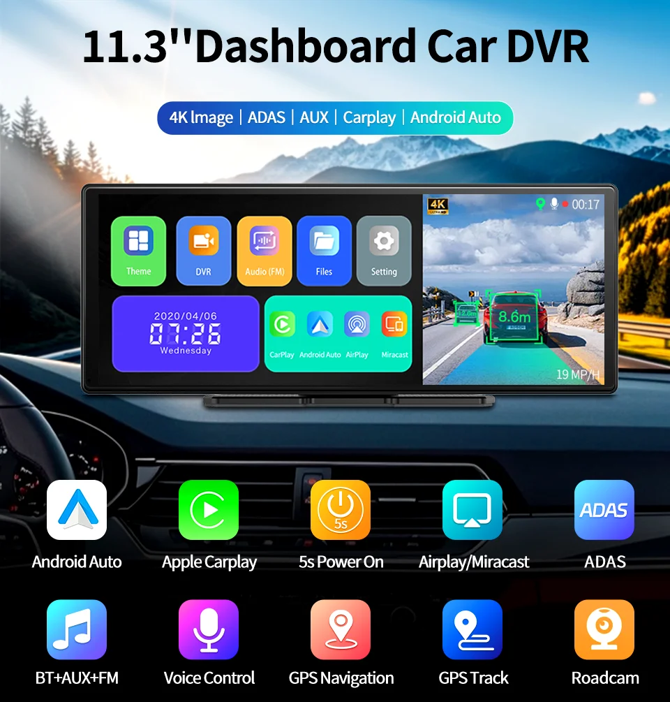 Imagebon 11.3 Inch 4k Rearview Mirror Camera ADAS Carplay&Android Auto Dash Cam GPS Navigation Wifi Bluetooth Car DVR Recorder 