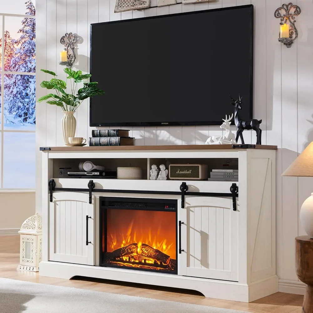 Farmhouse Fireplace TV Stand ，Tall Highboy Entertainment Center w/Electric Fireplace, Rustic Media Console