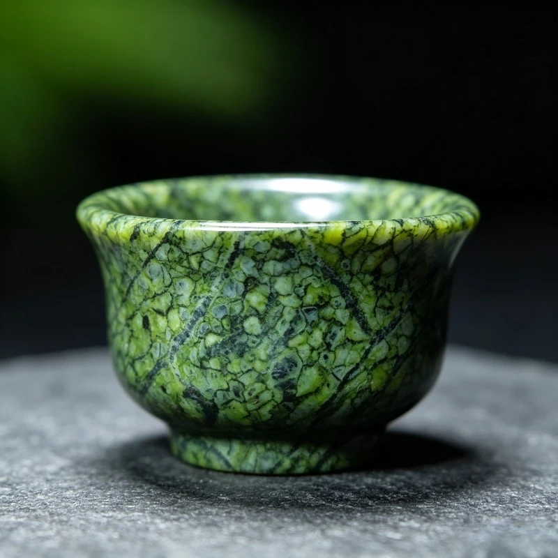Tibetan Jade Herbal King Stone Grid Snake Pattern Jade Teacup