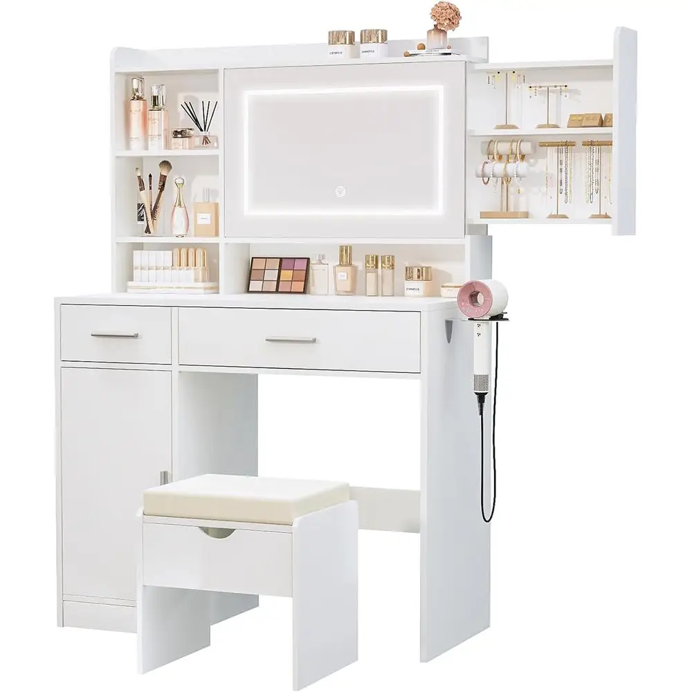 

Modern LED Vanity Desk with Mirror, Lights, Hidden Shelves, Storage, and Stool for Bedroom Organization (White)