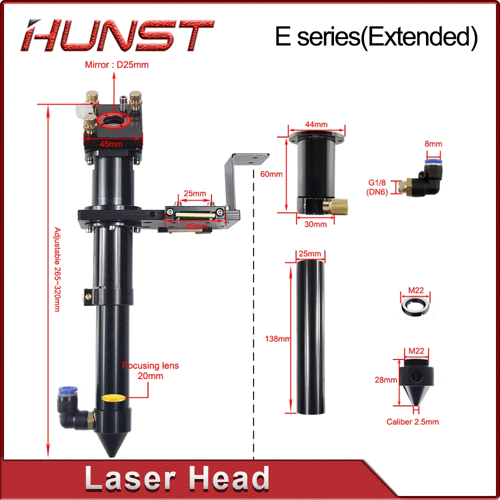 Hunst CO2 Laser Head E Series (ممتد) للعدسة D20MM FL50.8 و63.5 مرآة 25 مم لآلة النقش والقطع بالليزر.