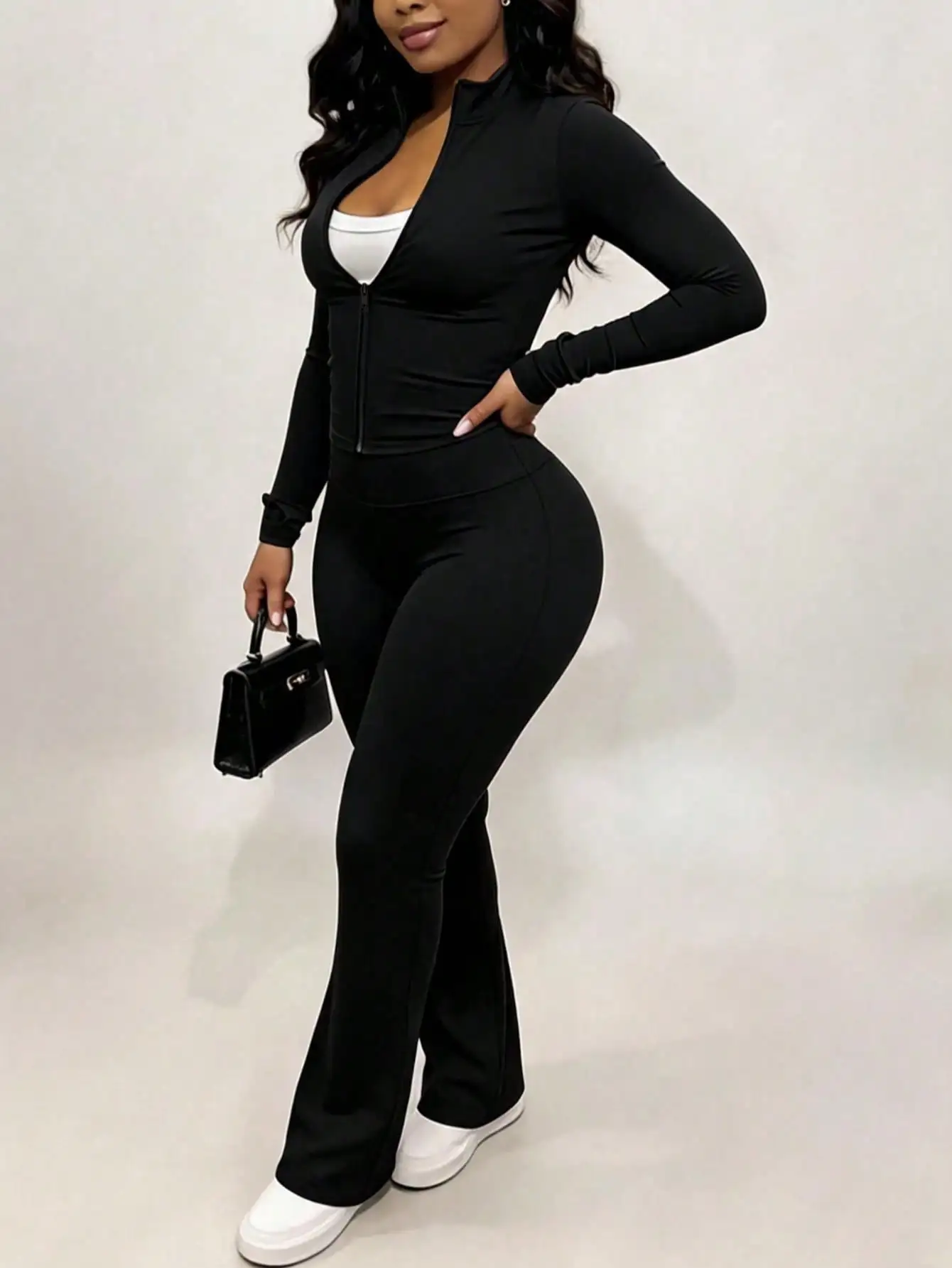Women's Solid Color Two-Piece Sportswear Set, Full-Zip Stand Collar Long-Sleeve Cropped Top Jacket with High-Waisted Wide-Leg Yoga Pants, Slim-Fit Casual Sports Outfit, Suitable for Multiple Occasions, Including Sports