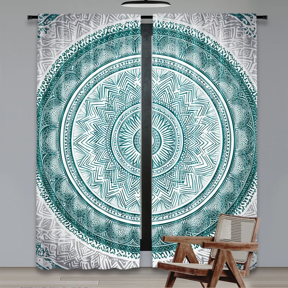 2Pcs Grey And Teal Curtain Ombre Design Space Geometric Center Point Boho For Bedroom Living Room And Dining Room 29.53X65.35In,