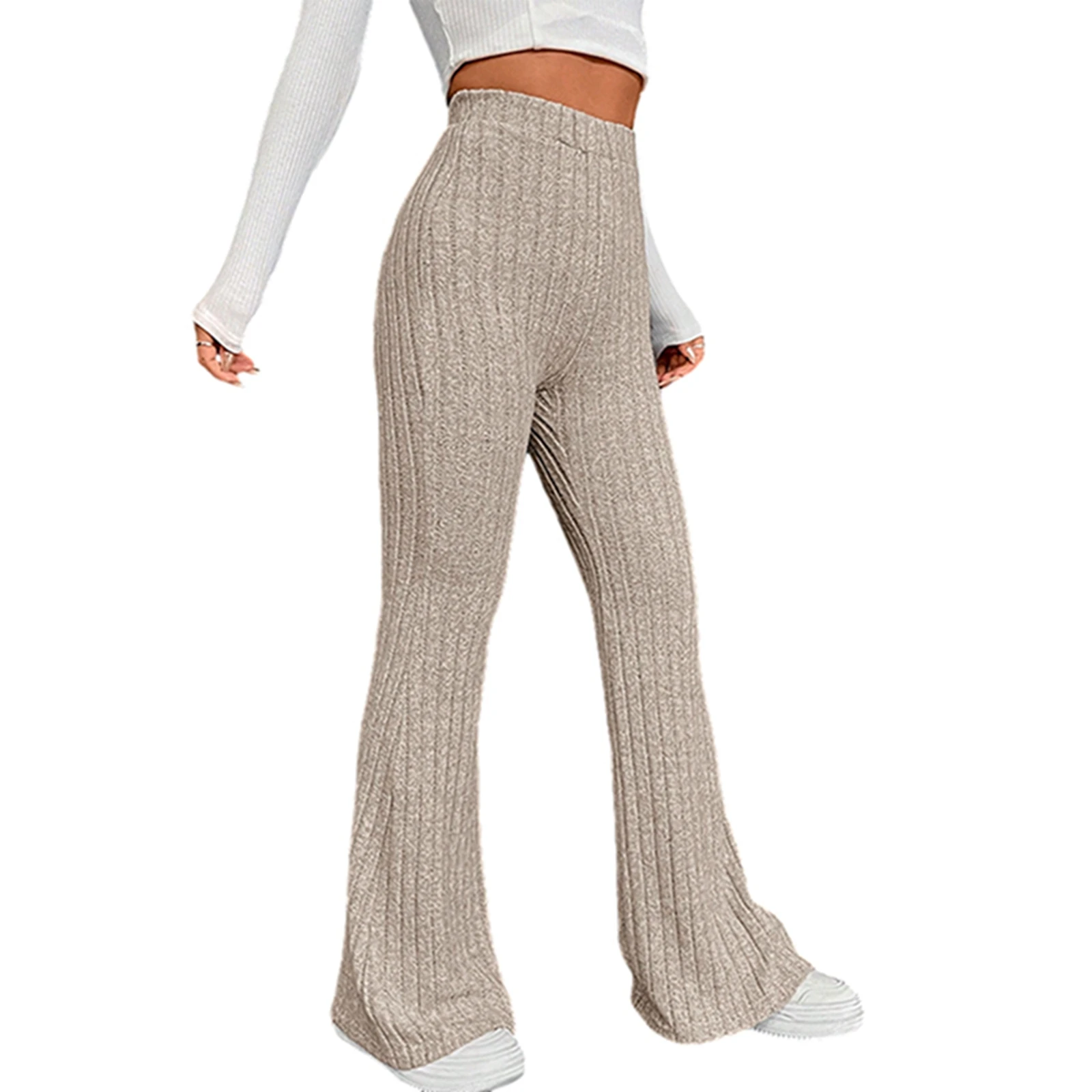 

Women's High Waist Ribbed Flared Pants Casual Elastic Bell Bottoms Bootcut Trousers