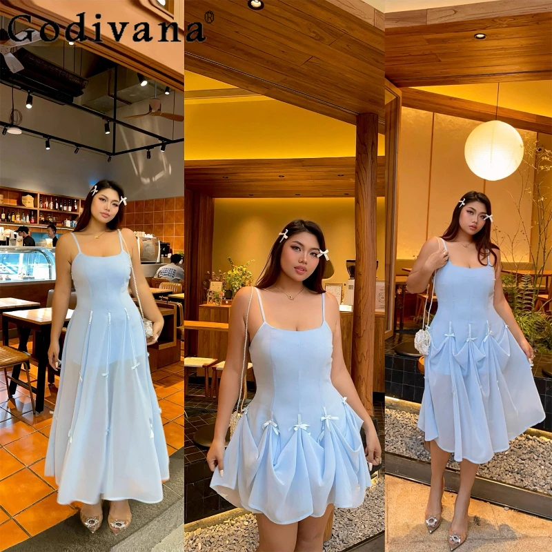 

Summer Large Size Sexy Simple Adjustable Shoulder Strap Suspender Dress Street Girl A-line High Waist Sweet Bow Princess Dresses