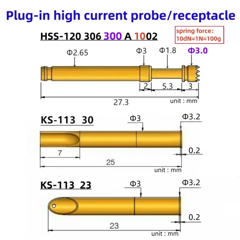 High Current Probe Plug-in Pin HSS120306300A1002 Current 4A Test Pin Needle Cover KS-113 30 KS-113 23 Dia 2.65mm 27.3mm 100g