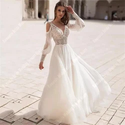 Deep-V Wedding Dresses For Women Glitter Tulle Mopping Length Bride Gown Elegant A-line Long Sleeves Vestido De Novia Customized
