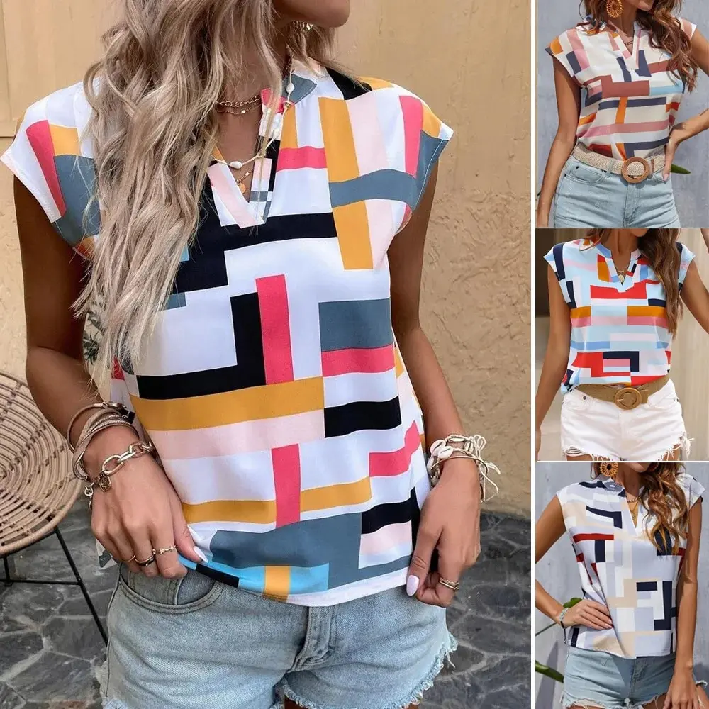 

Women V-neck Short Sleeve Print Womens Tops And Blouses 2023 Summer Casual Elegant Chiffon Top Femme Office Shirt Blouse