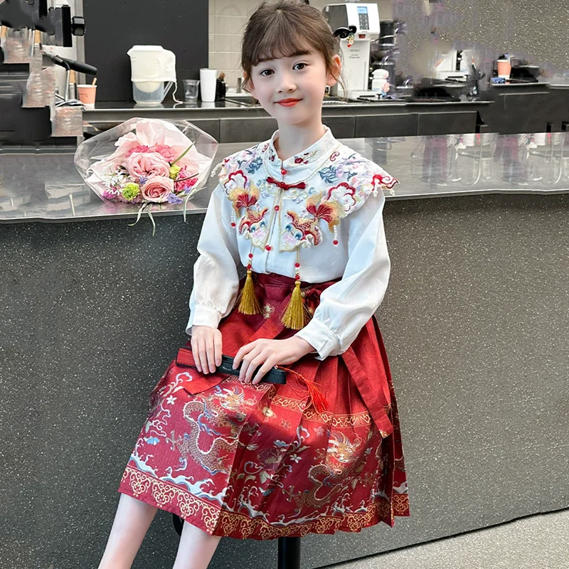 

Summer Kids Horse Face Skirt Hanfu Girls Sets Chinese Clothing Baby 2 Piece Set Girl Outfit Party Children Suit Tang Costume
