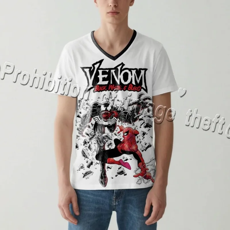 السم مقابل. تي شيرت Spider Man ثلاثي الأبعاد مطبوع برقبة على شكل حرف V Marvel Heroes Duel Ink Painting Style Theme بأكمام قصيرة للبالغين والأطفال #3