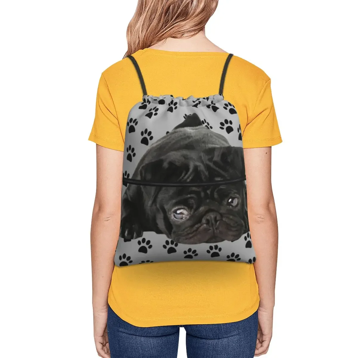 Mochilas portáteis adoráveis Black Pug, Saco De Cordão De Moda, Bolso De Pacote, Sapatos, Viagem, Esporte, Homem, Mulher