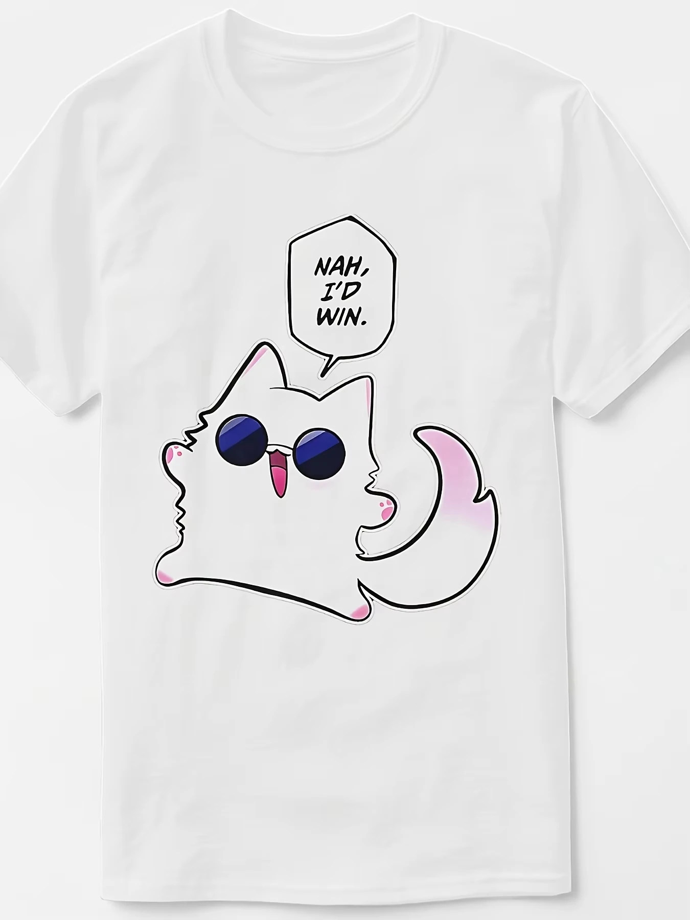2026 New Cute Cat Meme Graphic T Shirt with HAN I'D WIN Pink Cat Design Machine Washable Casual Shirt for Men