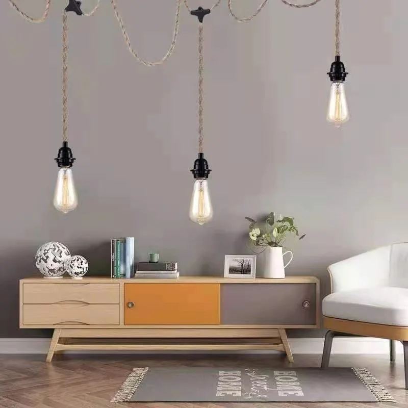 Vintage Hemp Rope LED Pendant Light Retro E27 Industrial EU/US Plug Droplight Holder Dining Room Cafe Kitchen Home Decor Lamps