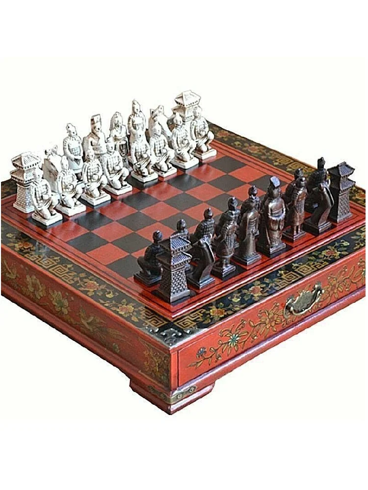 

Terracotta Army Antique Chess Set Board BOX Carved Unique Vintage Collectible