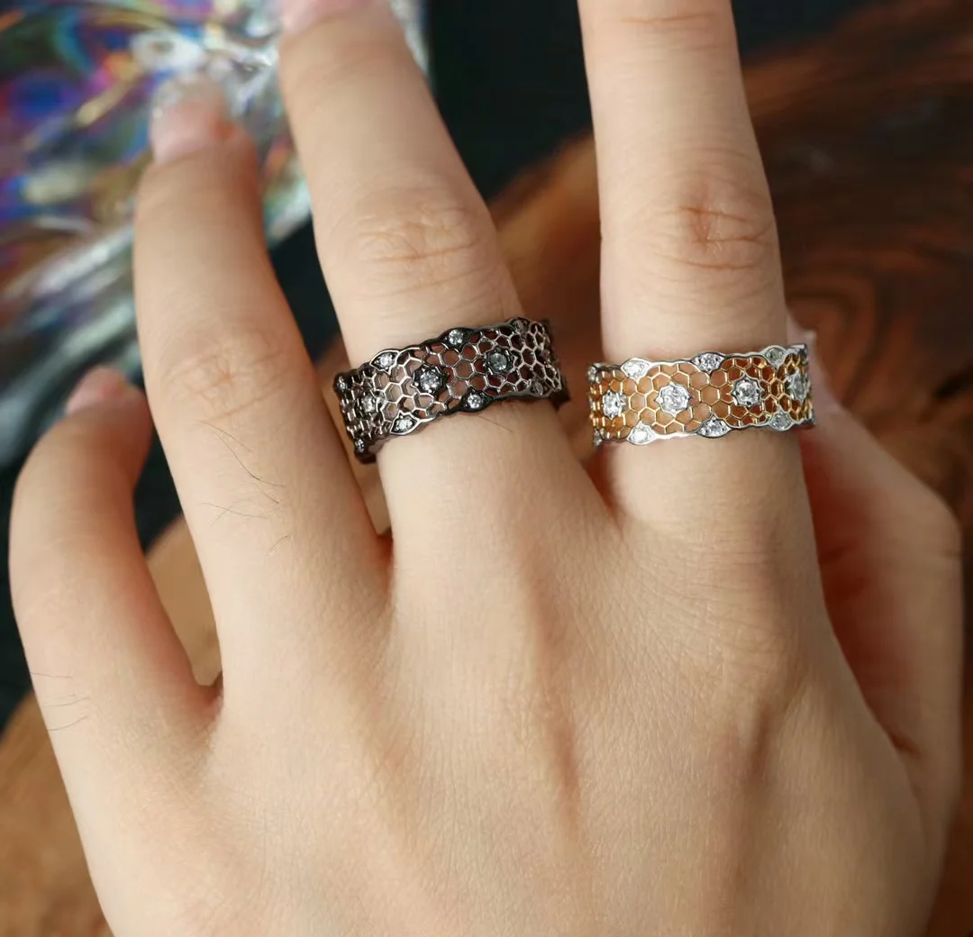Vintage Chic Unisex 925 Silver Tulle Craft Lace Ring Black Gold Honeycomb Open Finger Bands For Women Men High-end Male Jewelry