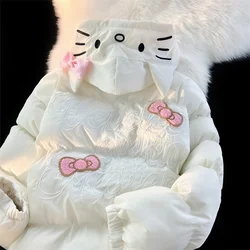 Sanrio-Chaqueta de plumón con cremallera de Hello Kitty para mujer, abrigo con estampado de dibujos animados lindo, Chaqueta de algodón sólido Kawaii para estudiante, abrigo suelto informal para mujer