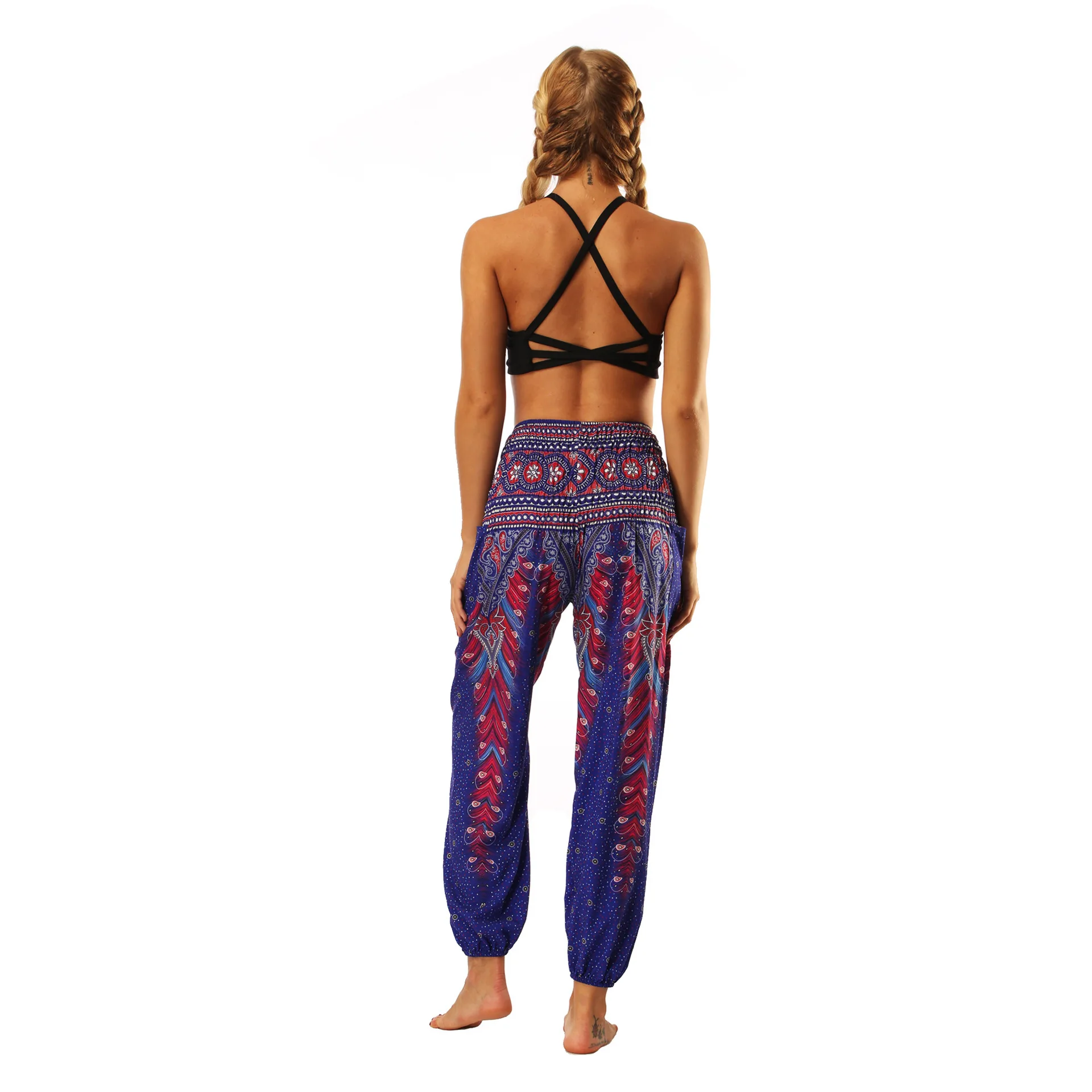 High Quality 2024 Popular Ethnic Indonesian Style Printed Lantern Pants High Waist Pocket Yoga Pants Loose Fitting Sportswear