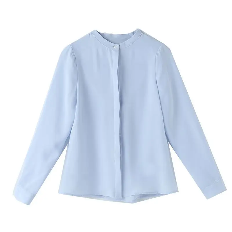 Elegant Simple Business Casual Office Lady Blue White Button Up Shirt 2023 Spring Summer Fashion Long Sleeve Blouses Tops Women