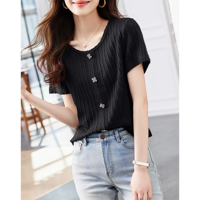Women's Knitted Twist Summer T-Shirt Casual Short Sleeve round Neck Elastic Commute Fashion Top Polyester Fiber 100%
