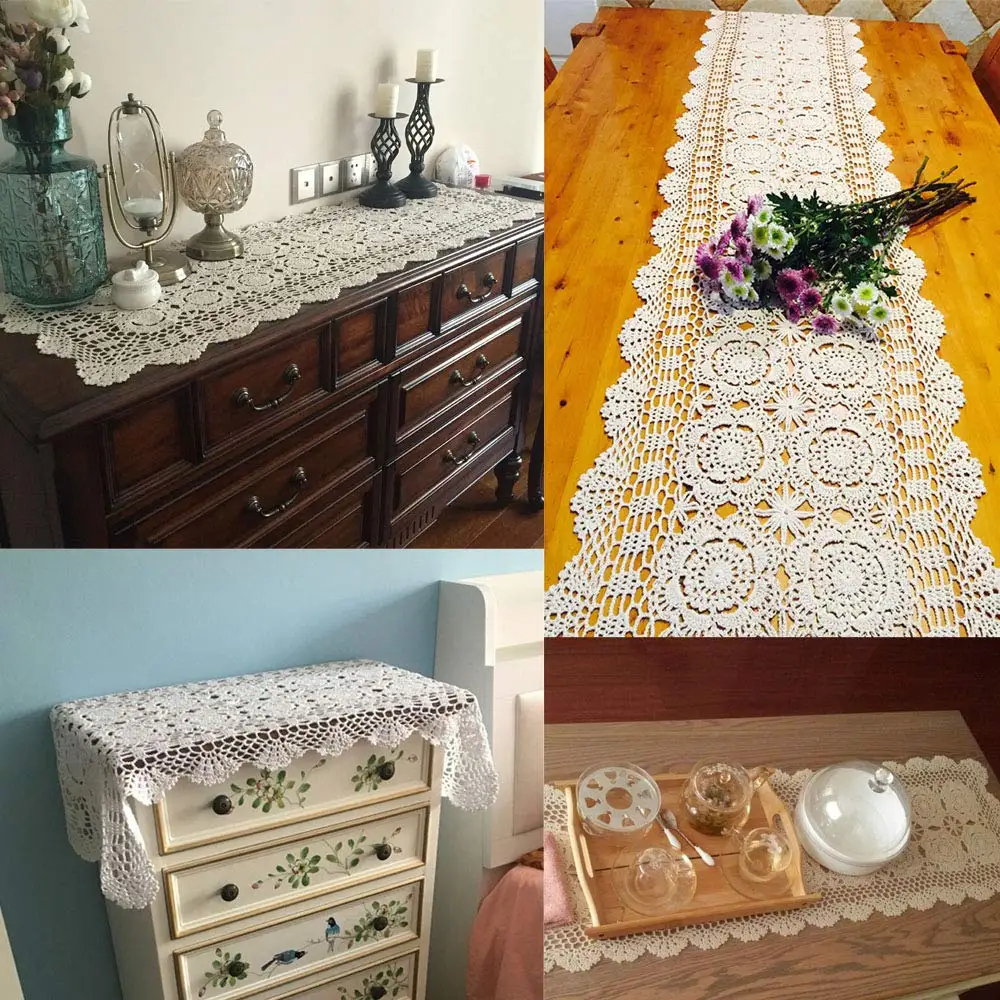 100% Cotton Handmade Crochet Floral Lace Table Runner Rectangle Coffee Table Dresser Decor
