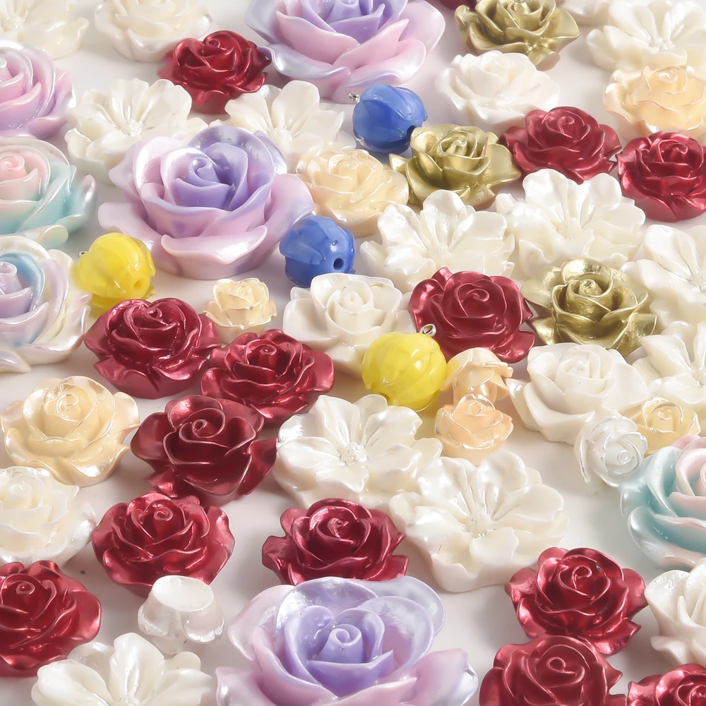 

40/50g Mix Styles Resin Simulate Pearl Rose Flowers Flatback Beads For Phone Case Decor Random Baroque Blossom Cabochon Charms