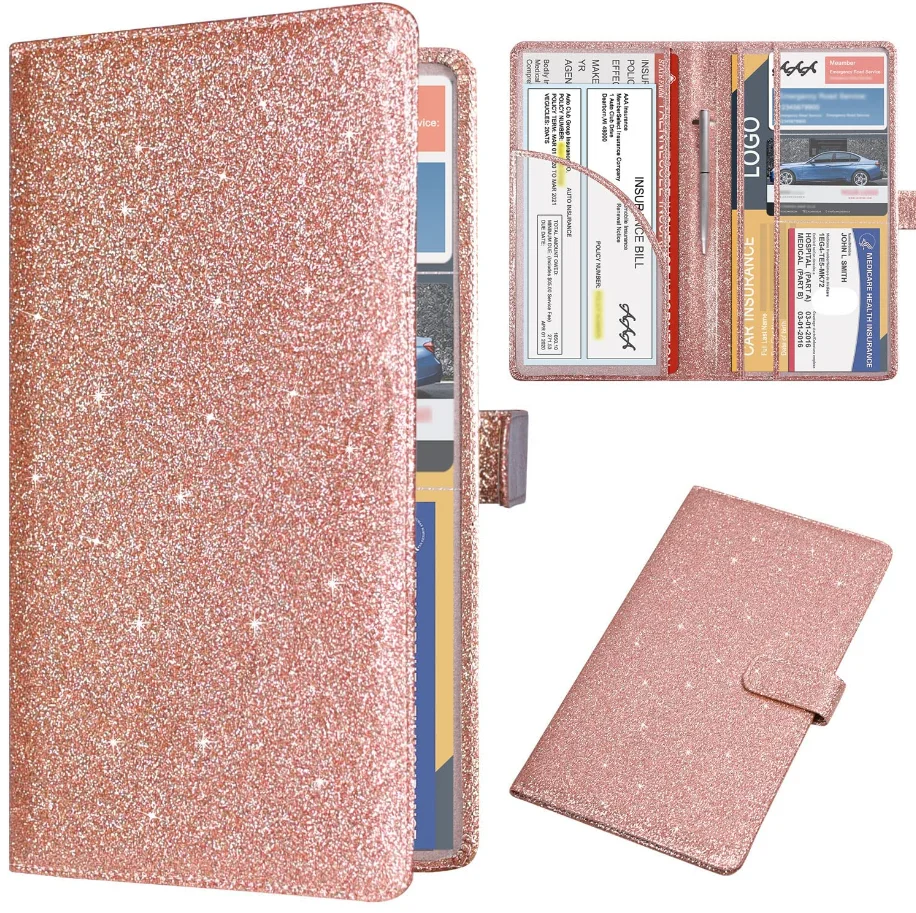 Leather Car Registration and Insurance Card Holder Rhinestone Glitter Vehicle Card Document Holder Car Organiser Accessories