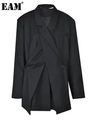 [EAM] Frauen Schwarz Kreuz Unregelmäßige Große Größe Casual Blazer Neue Revers Langarm Jacke Mode Flut Frühling Herbst 2024 17A5353