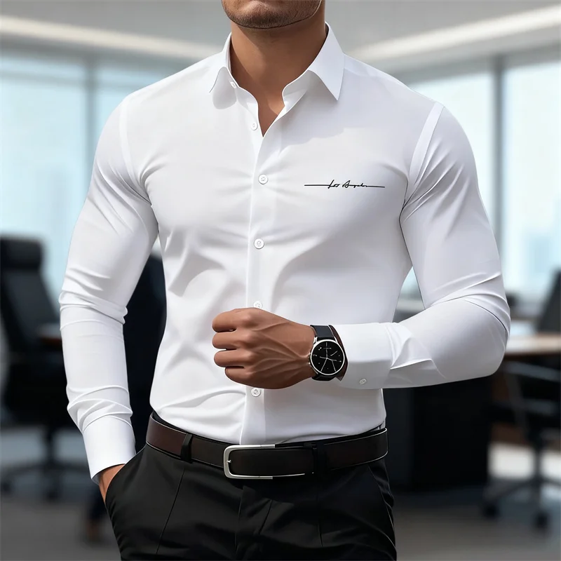 Solid Color Men's Business Casual Long-Sleeved Shirts, Slim Fit, Iron-Free Formal Wear, 3D Printed Personalized Shirts, XS-6XL