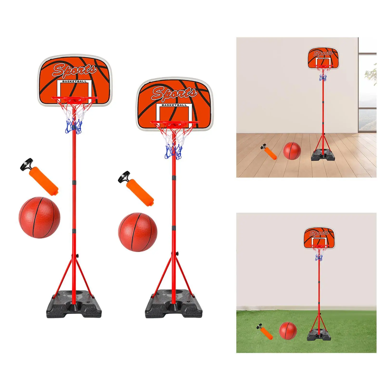 Cesta de basquete infantil com bolas, brinquedos de interação portáteis ajustáveis com bomba de ar para prática de brincar no quintal