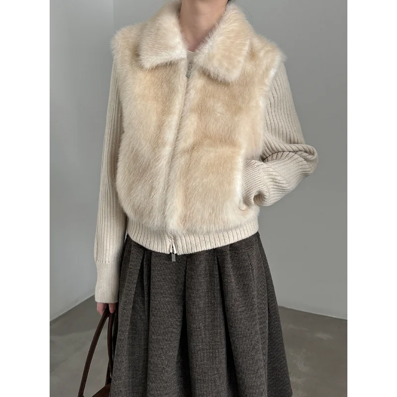 Fashion Lapel Fake Fur Knitted Sleeve Stitching Blouse Women's Autumn Winter High Quality Warm Khaki Brown Faux Fur Chic Coat