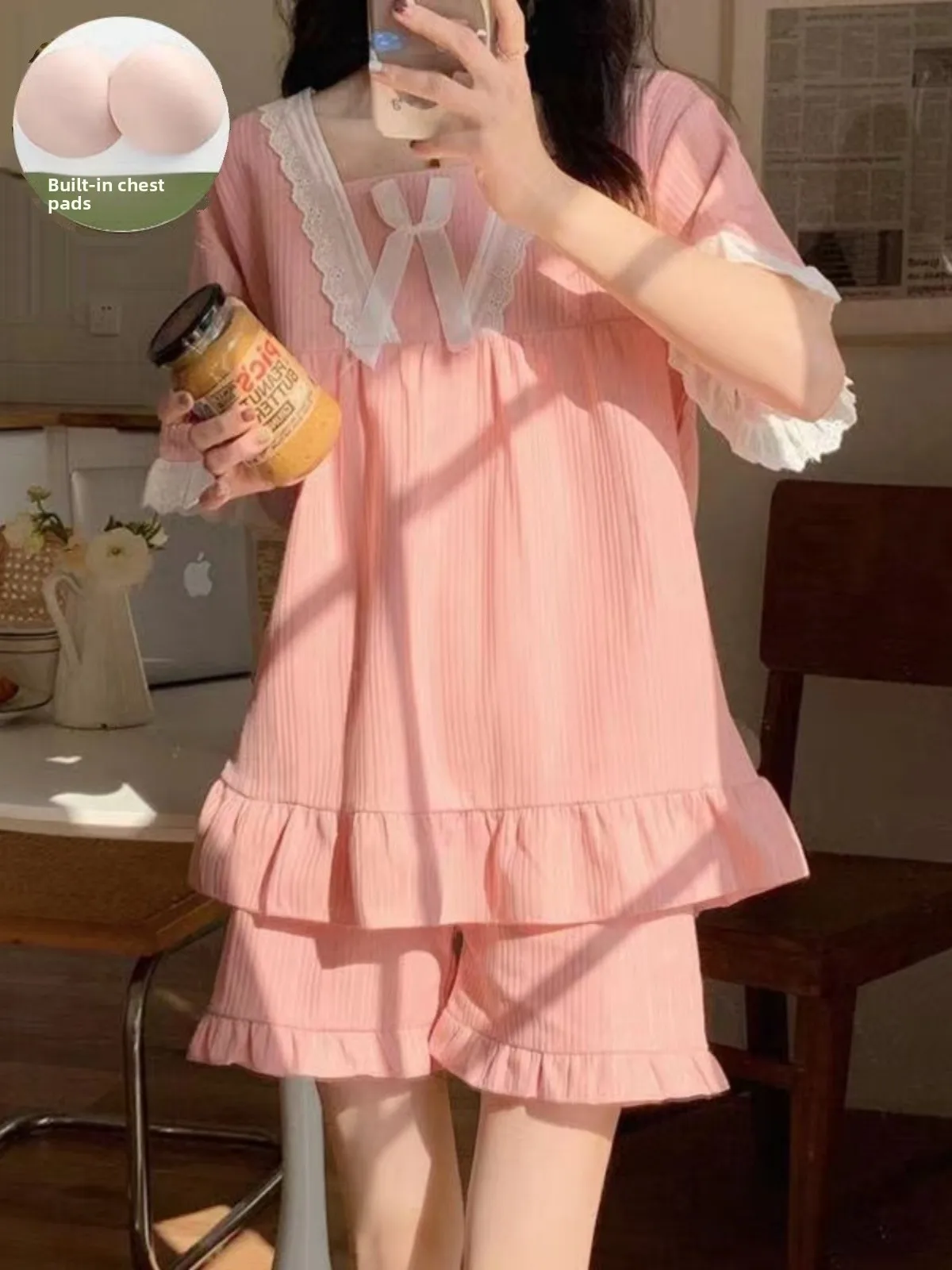 Summer Short Sleeve Sleepwear Set for Women Cute Princess Style Home Clothes with Chest Pad Two-Piece Polyester Fiber Set