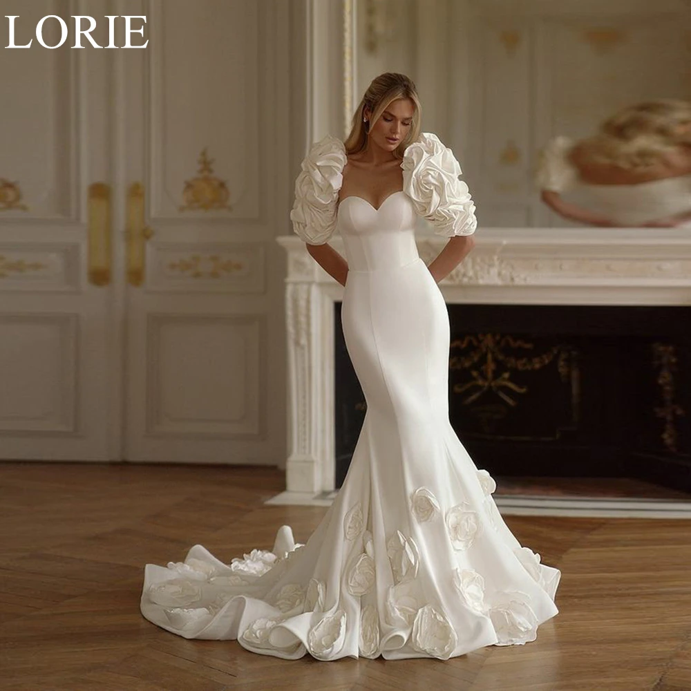 LORIE Elegante Satin Brautkleider Schatz Trägerlos 3D Blumen Rüschen Meerjungfrau Braut Abendkleid 2024 Brautkleider Angepasst